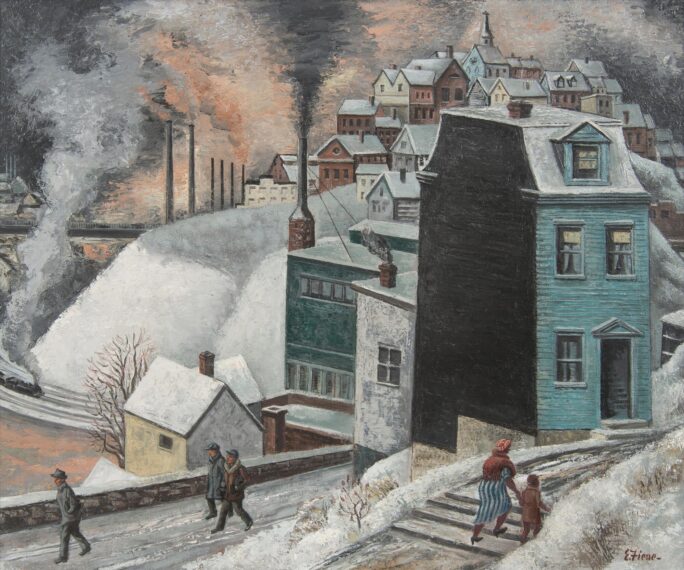 painting of a snowy cityscape with houses, smoke, and people walking.