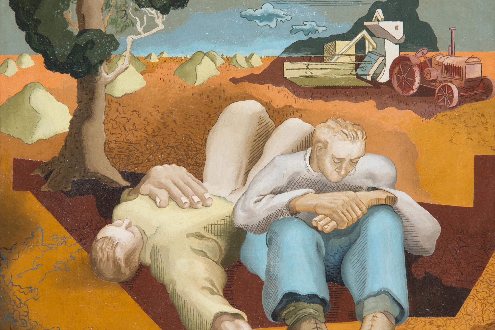 Two figures resting under a tree with a tractor and farming equipment nearby.