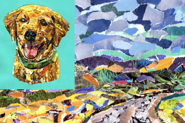 Collage of a dog and a colorful landscape made from torn paper.