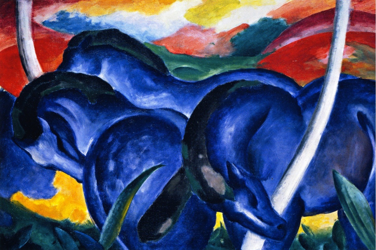 Painting of three blue horses positioned closely together in an abstract style. The horses are interwoven with white, curved lines, possibly representing trees in the background. The landscape is vibrant, featuring bold colors, including a mix of red, yellow, and green paints.