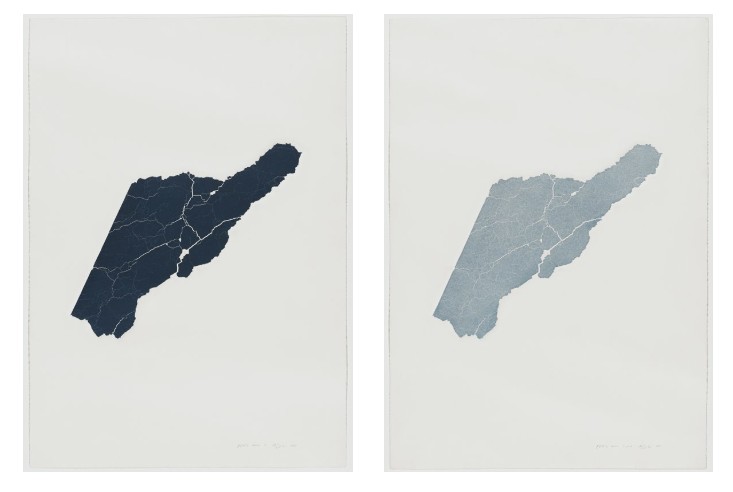 The image features two separate panels, each displaying an abstract, irregular shape on a neutral, off-white background. The shape on the left is a dark navy color and the right shape is a pale bluish-gray tone.
