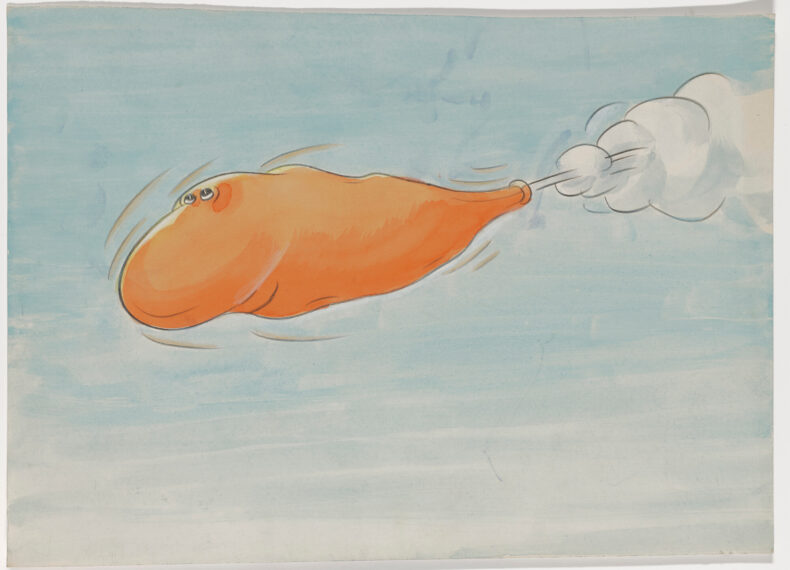 The image depicts an orange, deflated balloon-like object with human-like eyes positioned near the top. It is flying through a light blue sky. The object has a round front tapering into a narrow point at the back, from which a small trail of white smoke is emitted. Motion lines around the object suggest speed or movement.
