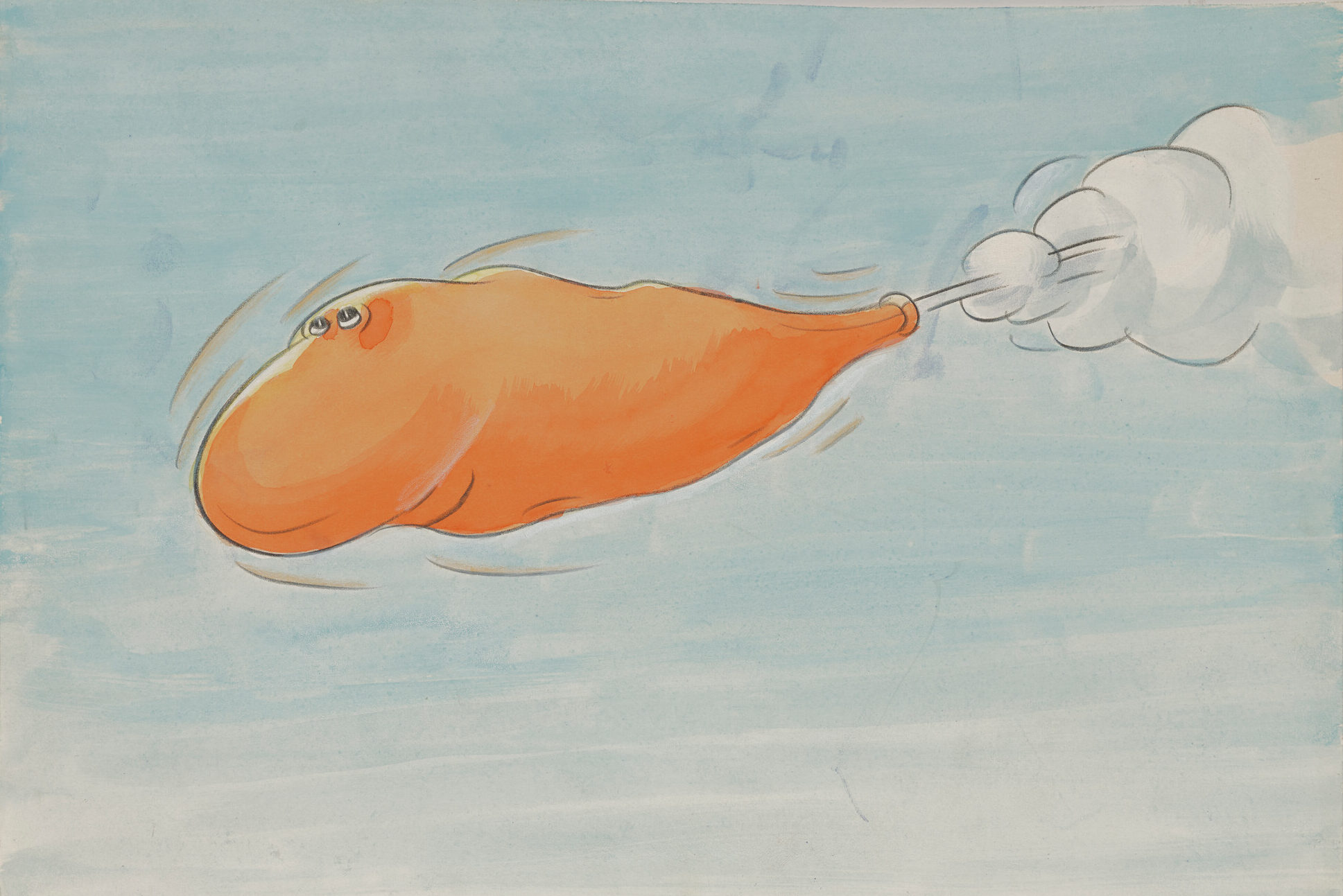 The image depicts an orange, deflated balloon-like object with human-like eyes positioned near the top. It is flying through a light blue sky. The object has a round front tapering into a narrow point at the back, from which a small trail of white smoke is emitted. Motion lines around the object suggest speed or movement.
