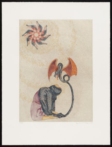 Abstract image with a seated figure, dragon, and spiral pattern.