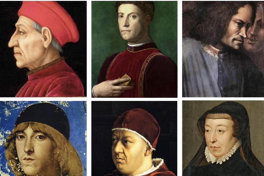 Six portraits of historical figures wearing period clothing.