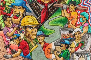 colorful mosaic illustrating a variety of workers engaged in different activities, including construction, food service, and agricultural work.