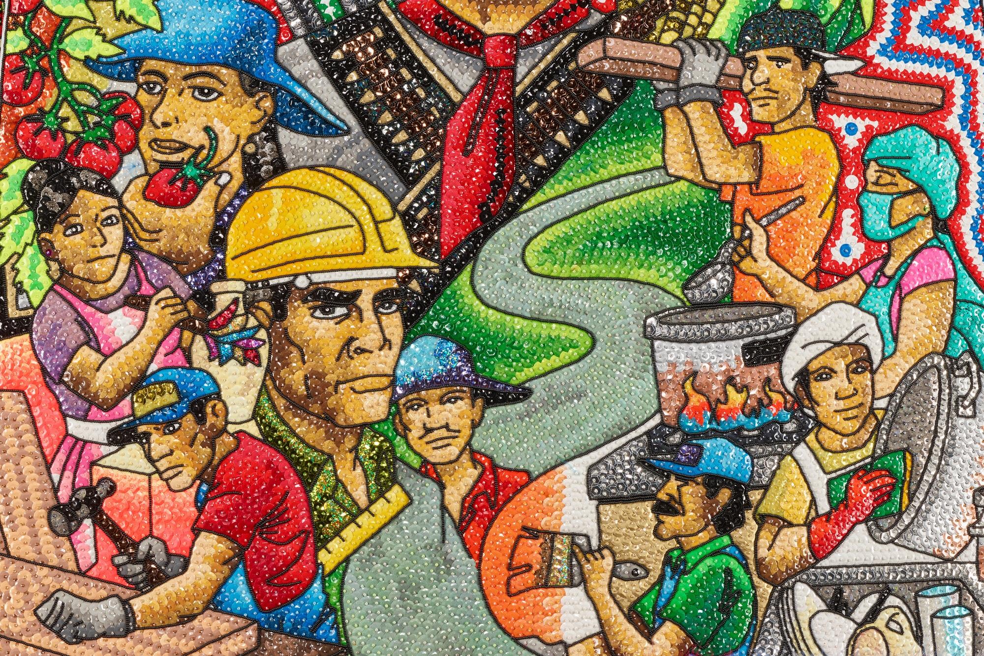 colorful mosaic illustrating a variety of workers engaged in different activities, including construction, food service, and agricultural work.