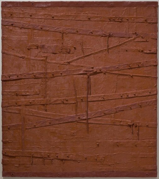 Textured brown canvas with overlapping strips.