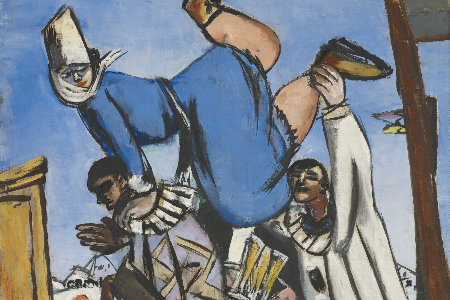 Colorful abstract painting of figures in dynamic poses against a blue sky.
