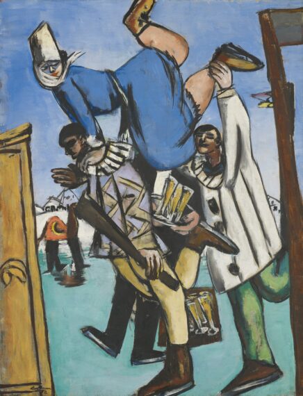 Colorful abstract painting of figures in dynamic poses against a blue sky.