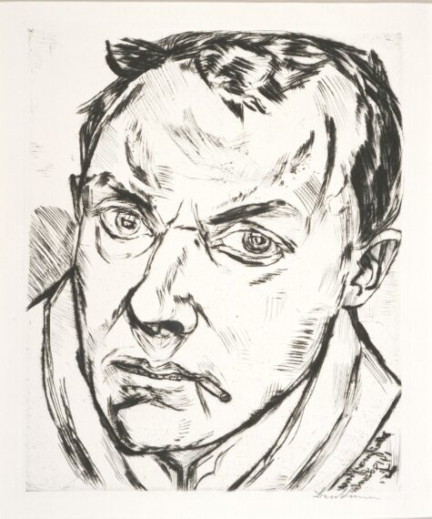 Black-and-white sketch of a man's intense gaze.
