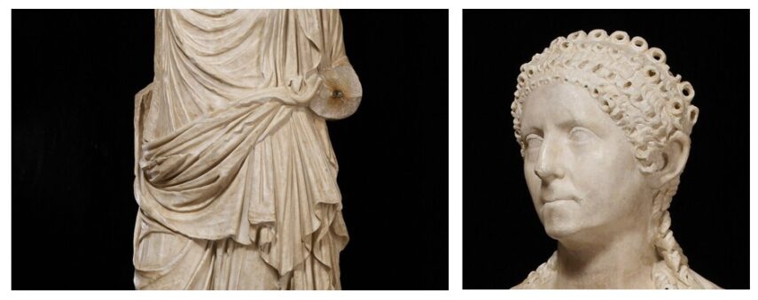 Left: Detailed view of a sculpture of draped torso of a figure. The garment has intricate folds and appears to cover the figure's body with one hand partially visible, resting near the waist. Right: Sculpture of a bust of a person. The head is adorned with closely cropped curls that form a pattern, and the face has a calm expression.