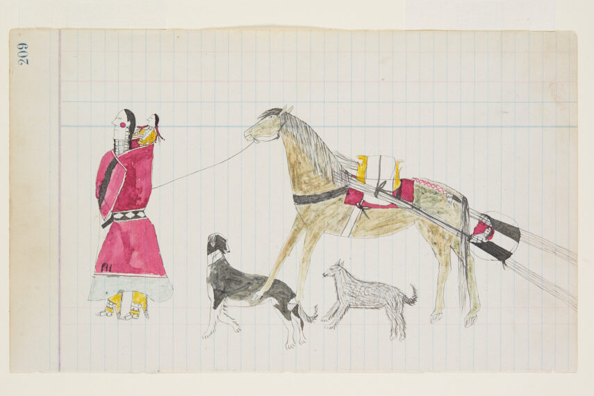 Hand-drawn illustration on a piece of lined notebook paper. It features a person wrapped in a red garment with yellow footwear, holding a baby on their back. They are leading a brown horse and two dogs.