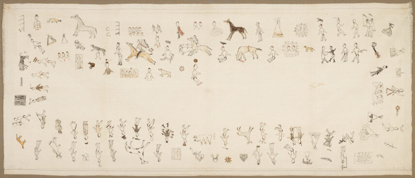 Textile featuring numerous hand-drawn figures and animals spread across its off-white surface. The illustrations, created in different shades such as black, brown, and muted colors, include drawings of horses, people, and small teepee-like structures.