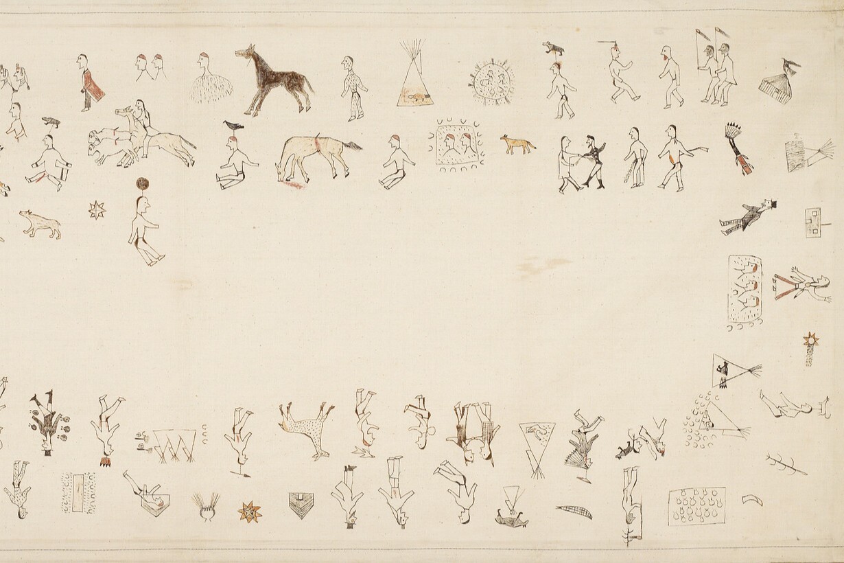 Textile featuring numerous hand-drawn figures and animals spread across its off-white surface. The illustrations, created in different shades such as black, brown, and muted colors, include drawings of horses, people, and small teepee-like structures.