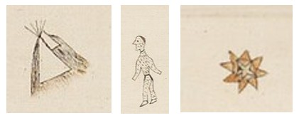 Three small drawings: a triangular tent, a figure, and a star shape.