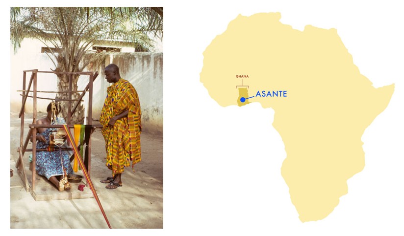 Left: photo of a person sitting and weaving on a loom outside, with another person in a bright garment standing beside the loom. Right: map showing the country of Ghana with a big blue dot showing the Asante region.