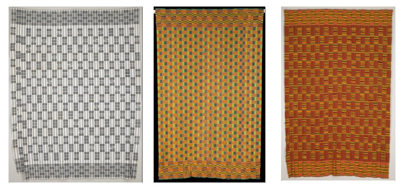The image shows three textiles side by side, each featuring a distinct checkered pattern. On the left, black and white squares arranged in a tight checkered design. In the middle, a grid of alternating mustard yellow and green squares with orange and red accents throughout the pattern. On the right, a design with red and orange squares.