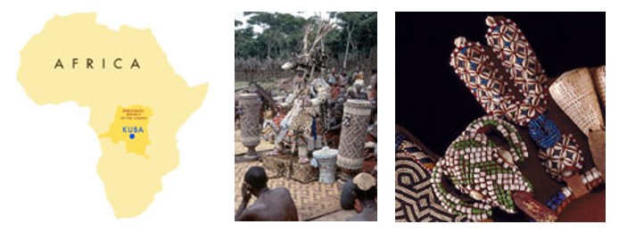 The image is divided into three sections. The left image shows a map of Africa in light yellow with the Democratic Republic of Congo in darker yellow. The middle image shows a group of people outdoors engaged in a ceremonial activity. The right image shows a close-up view of intricately beaded items.