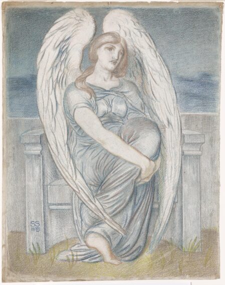 The image depicts an angel with large, white wings seated in front of a stone structure. The angel is wearing a flowing, light-colored robe and has long hair.