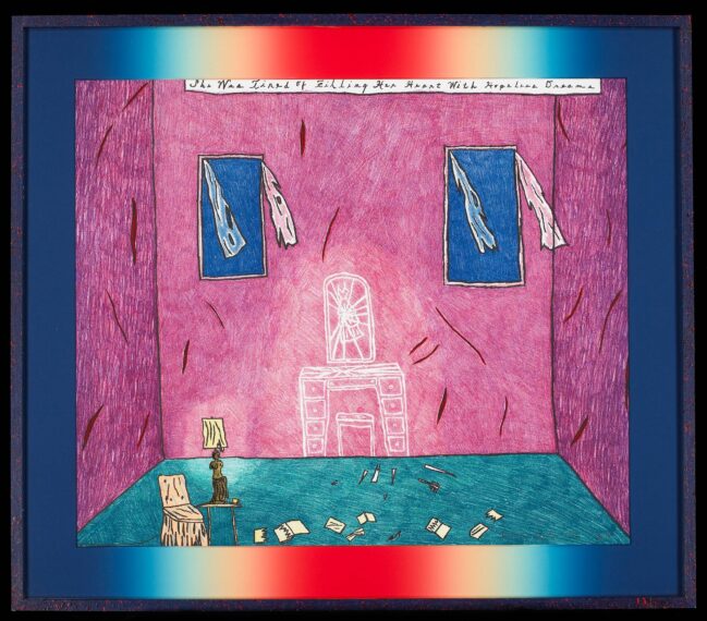 The image depicts a room with vibrant pink walls and a teal floor. Two windows with blue panels and tattered curtains are visible on the walls. A chair, table with a lamp, and scattered objects are in the foreground.