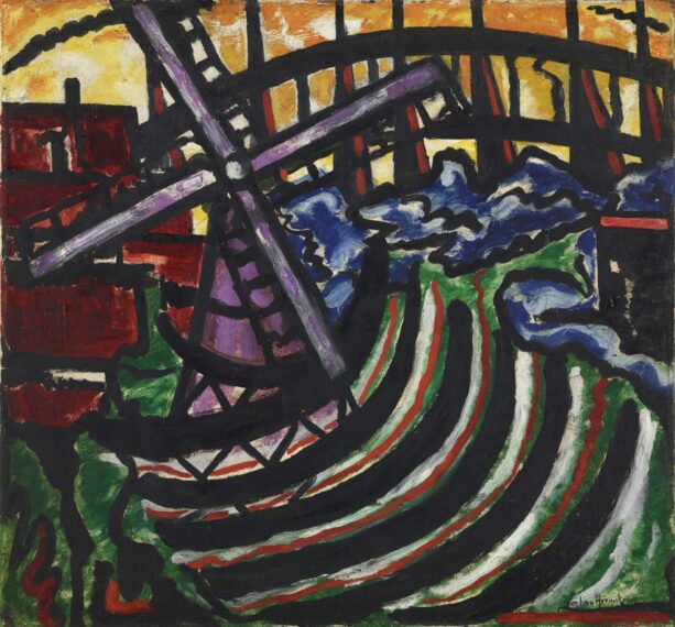 Colorful abstract painting featuring a windmill with curved lines and a vibrant background.