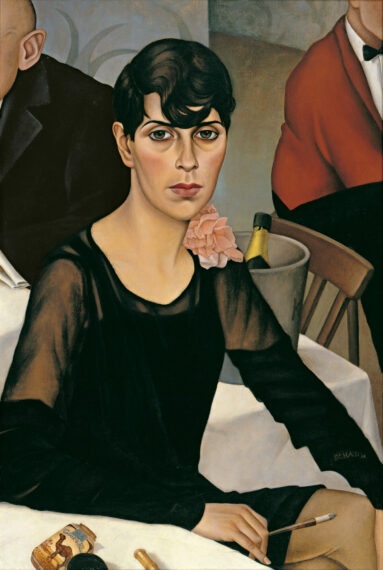 Painting of a woman with black-brown bobbed hair and curls falling over her forehead wearing a black dress and holding a cigarette seated at a table in a nightclub setting with two men behind her and a champagne chiller holding an opened bottle of champagne