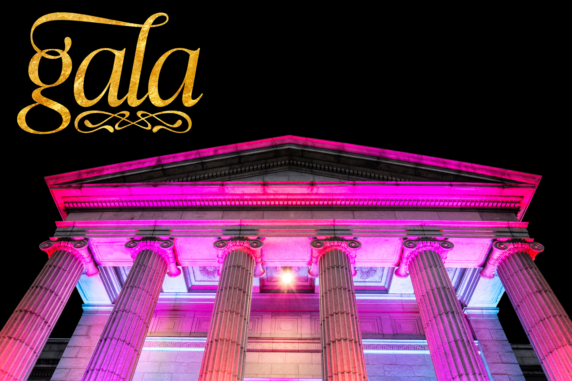 The image shows a classical-style building under a dark night sky. The building features tall, ornate columns topped with a triangular pediment, underlit with pink lights. Above the building, in the top left corner, the word 'gala' is written in gold cursive lettering.