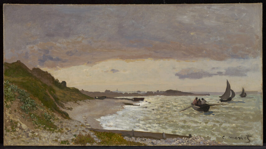 Impressionist painting of small boats in the water near the shore