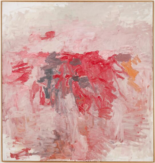 Abstract painting with shades of pink, red, and gray.