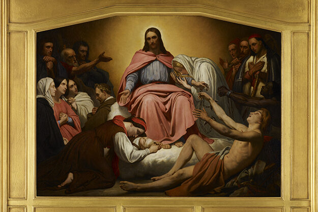 The image is a classical-style painting featuring a central figure seated on a raised platform, depicted with a halo-like glow around the head. This central figure wears flowing robes. Surrounding this figure are several other people, some kneeling or reaching out, dressed in robes of various colors.