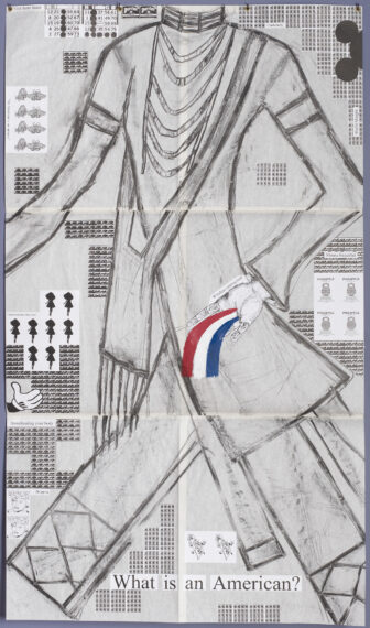 The image is an abstract collage featuring a rough sketch of a top, long necklaces, cross-body bag, and pants worn by a faceless figure. The drawing is done in gray tones with intricate linework. Various elements, including patterned blocks, text, and small drawings, are scattered across the image.