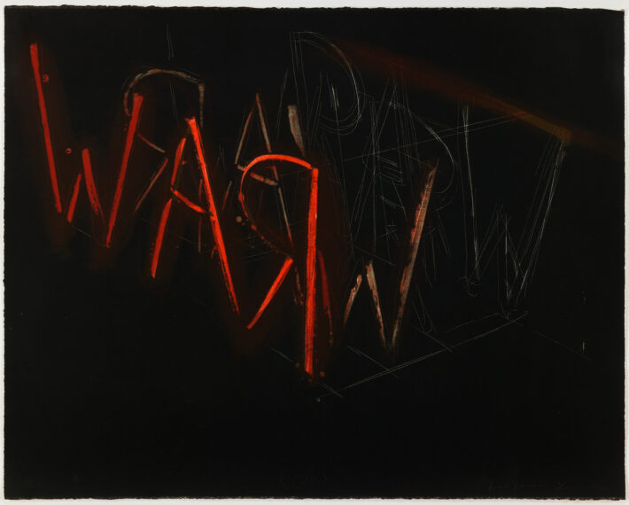 Red neon letters spelling out WAR with a backwards R and abstract lines on a dark background.