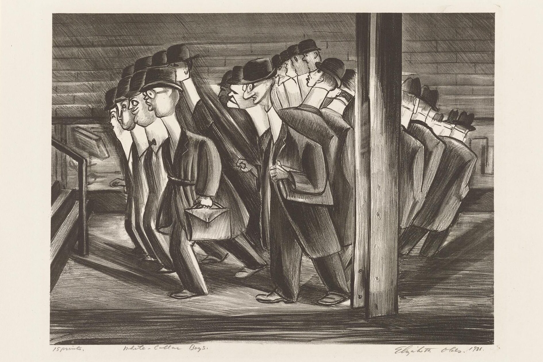 Black-and-white characterized drawing showing a group of people walking in a unified manner. They are all dressed in suits with ties, wearing similar hats, and some are carrying briefcases.