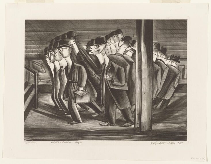 Black-and-white characterized drawing showing a group of people walking in a unified manner. They are all dressed in suits with ties, wearing similar hats, and some are carrying briefcases.