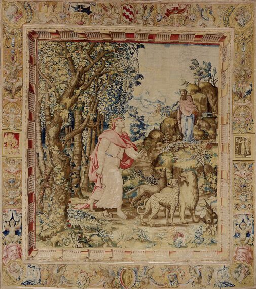 Medieval tapestry depicting people and animals in a forest setting.
