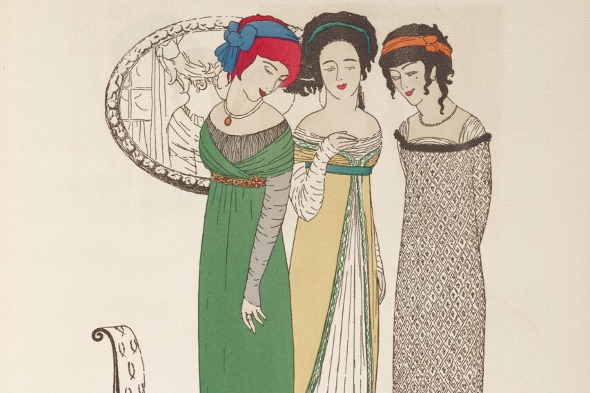 The image shows three women standing together, each wearing an elegant dress.
