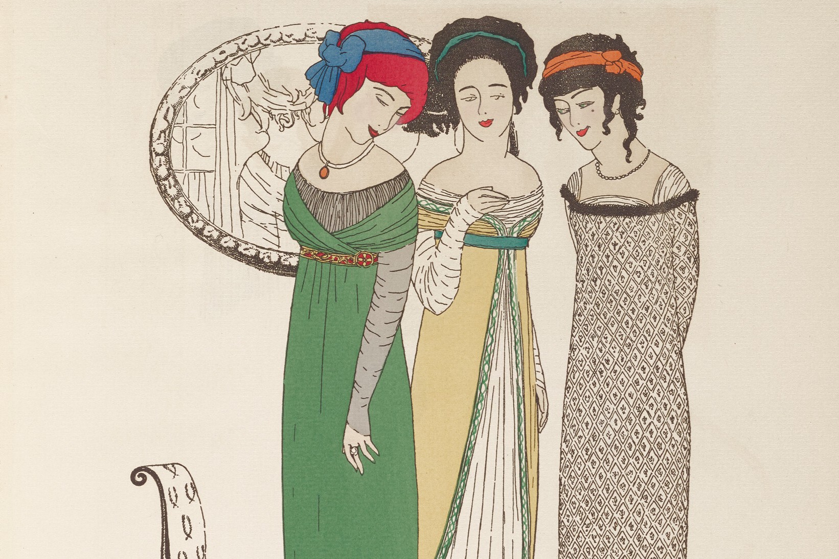 The image shows three women standing together, each wearing an elegant dress.
