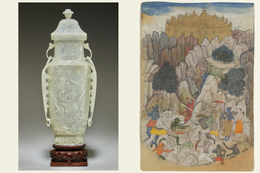 On the left is a carved jade vase with intricate designs, including floral patterns and figures in relief, standing on a wooden base. On the right is a colorful painting depicting a lively battle scene.