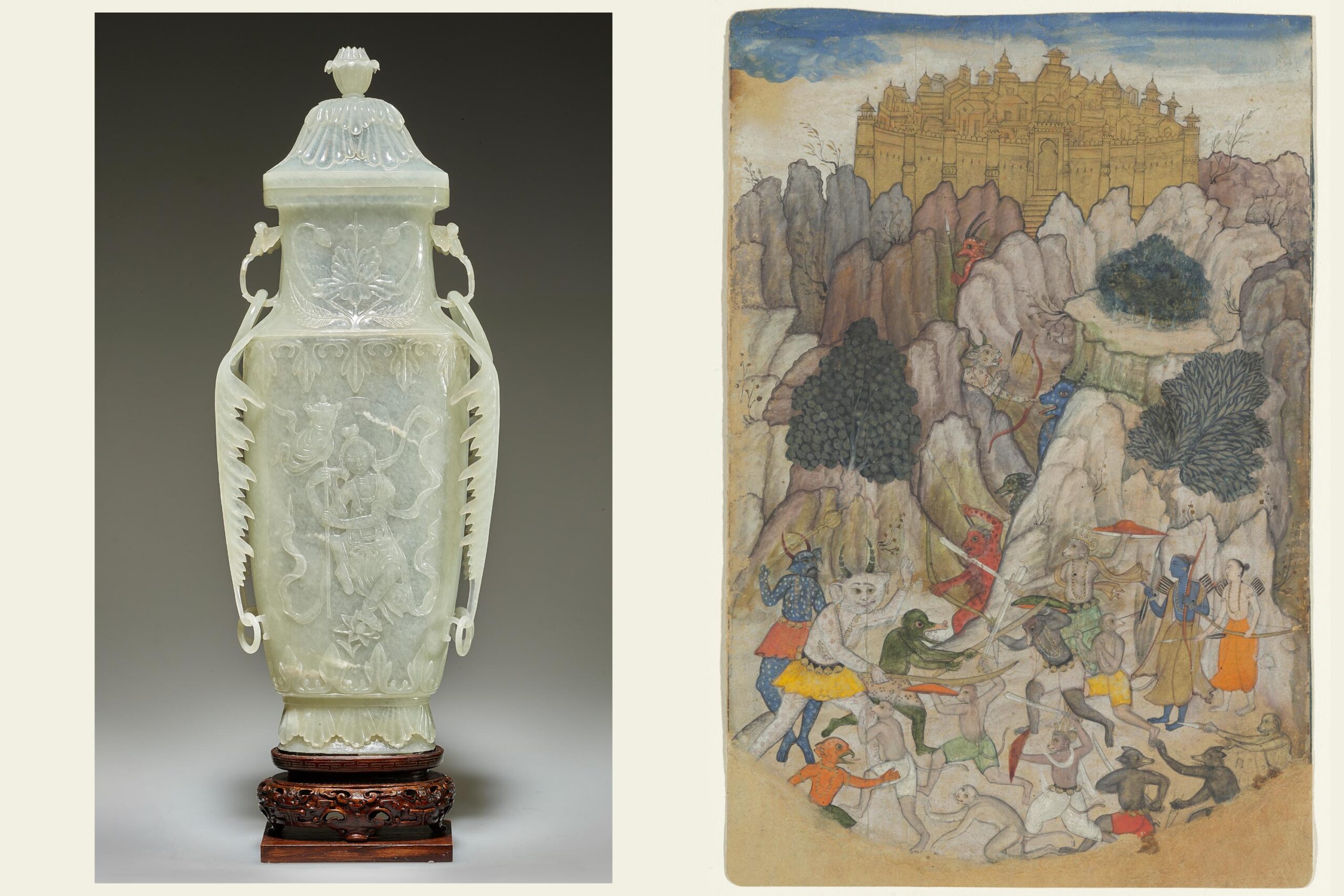 On the left is a carved jade vase with intricate designs, including floral patterns and figures in relief, standing on a wooden base. On the right is a colorful painting depicting a lively battle scene.