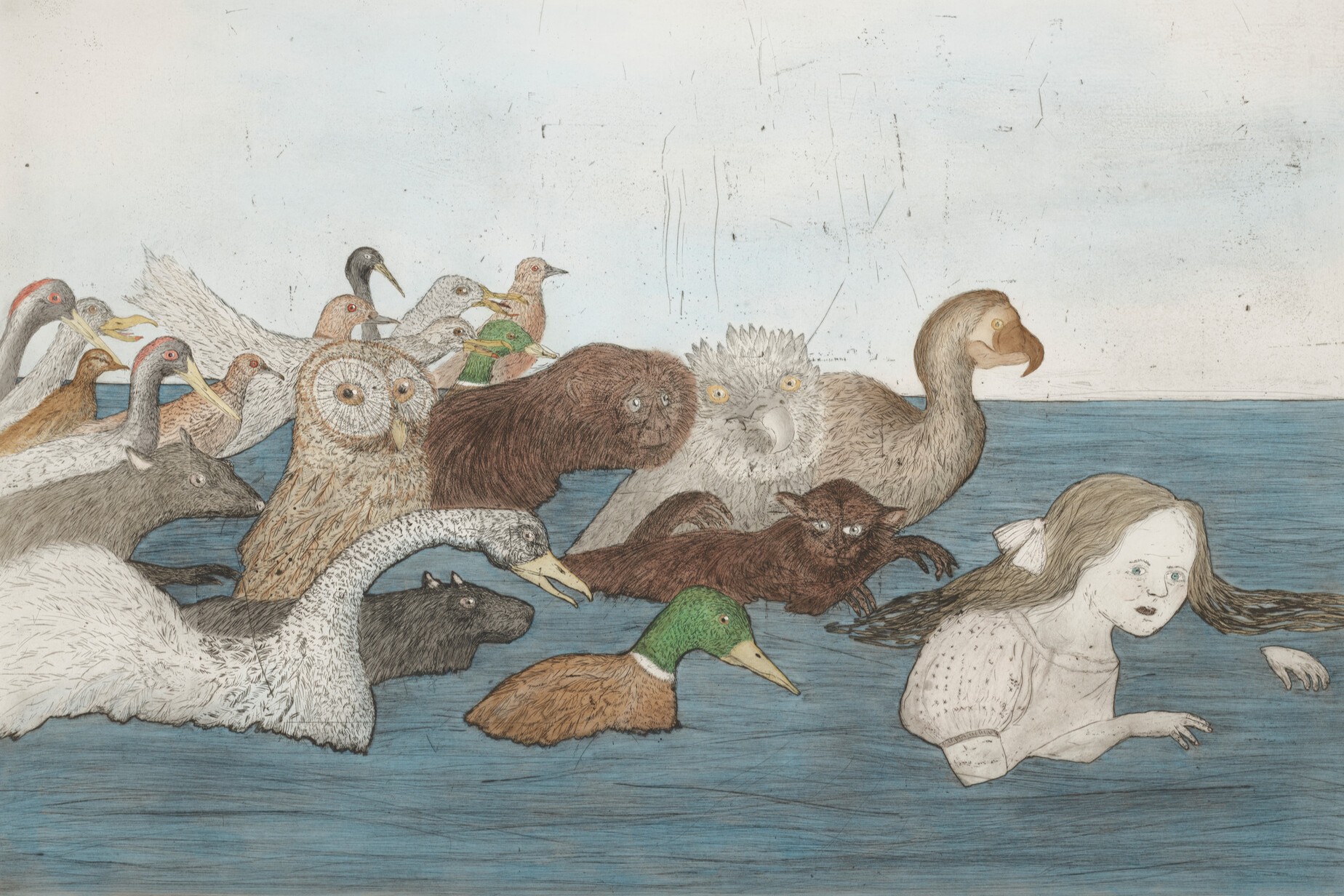 The image depicts a girl with long hair swimming in blue water, surrounded by a variety of animals.