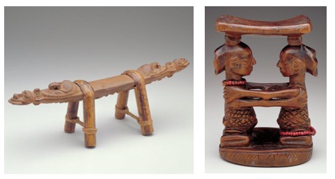 Two carved wooden objects with intricate designs.
