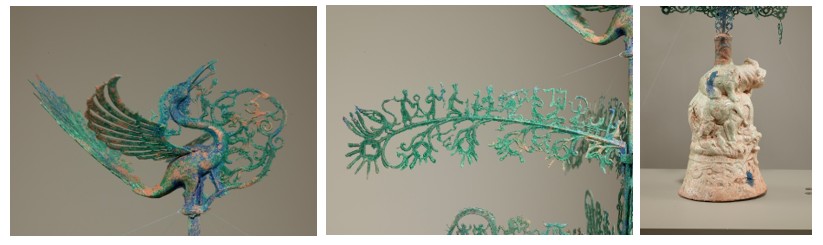 Three-part image showing a metal sculpture with intricate designs and a base.