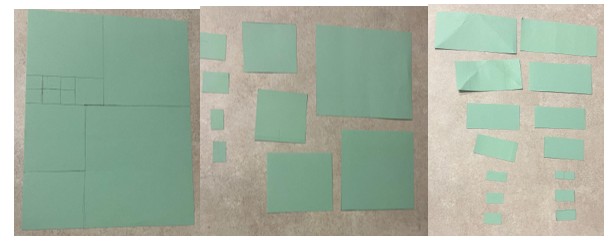 Photo of a green piece of paper cut into squares and rectangles