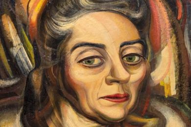 abstract painting of a woman's face with expressive eyes and gray-brown hair and swirls of orange, red, and brown colors in the background