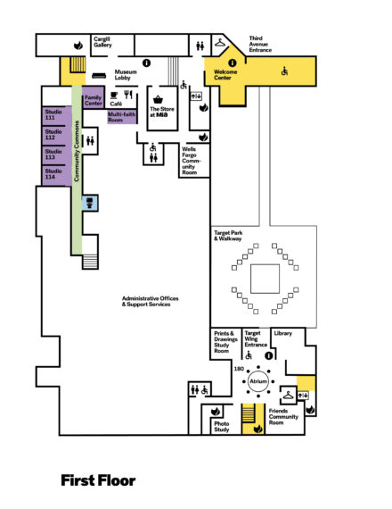 Map detailing sensory-friendly spaces on the first floor of the museum