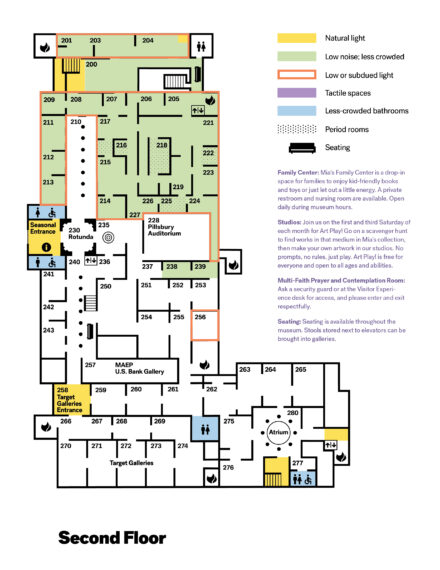 Map detailing sensory-friendly spaces on the second floor of the museum