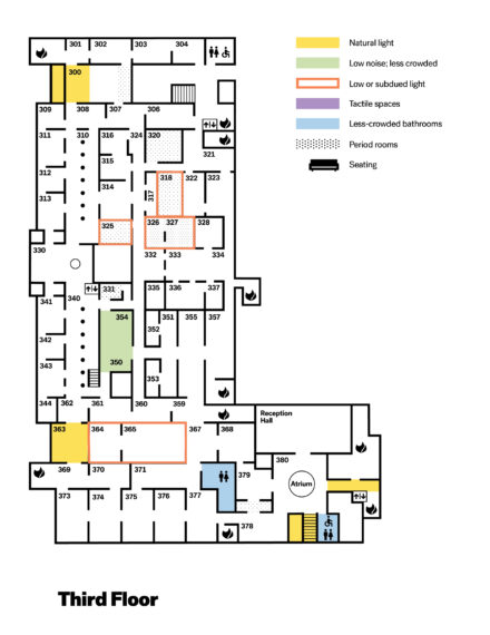 Map detailing sensory-friendly spaces on the third floor of the museum
