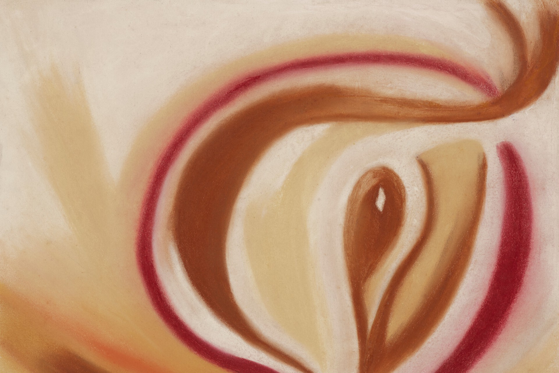 The image is an abstract painting featuring swirling shapes and patterns in warm shades of brown, beige, and red.