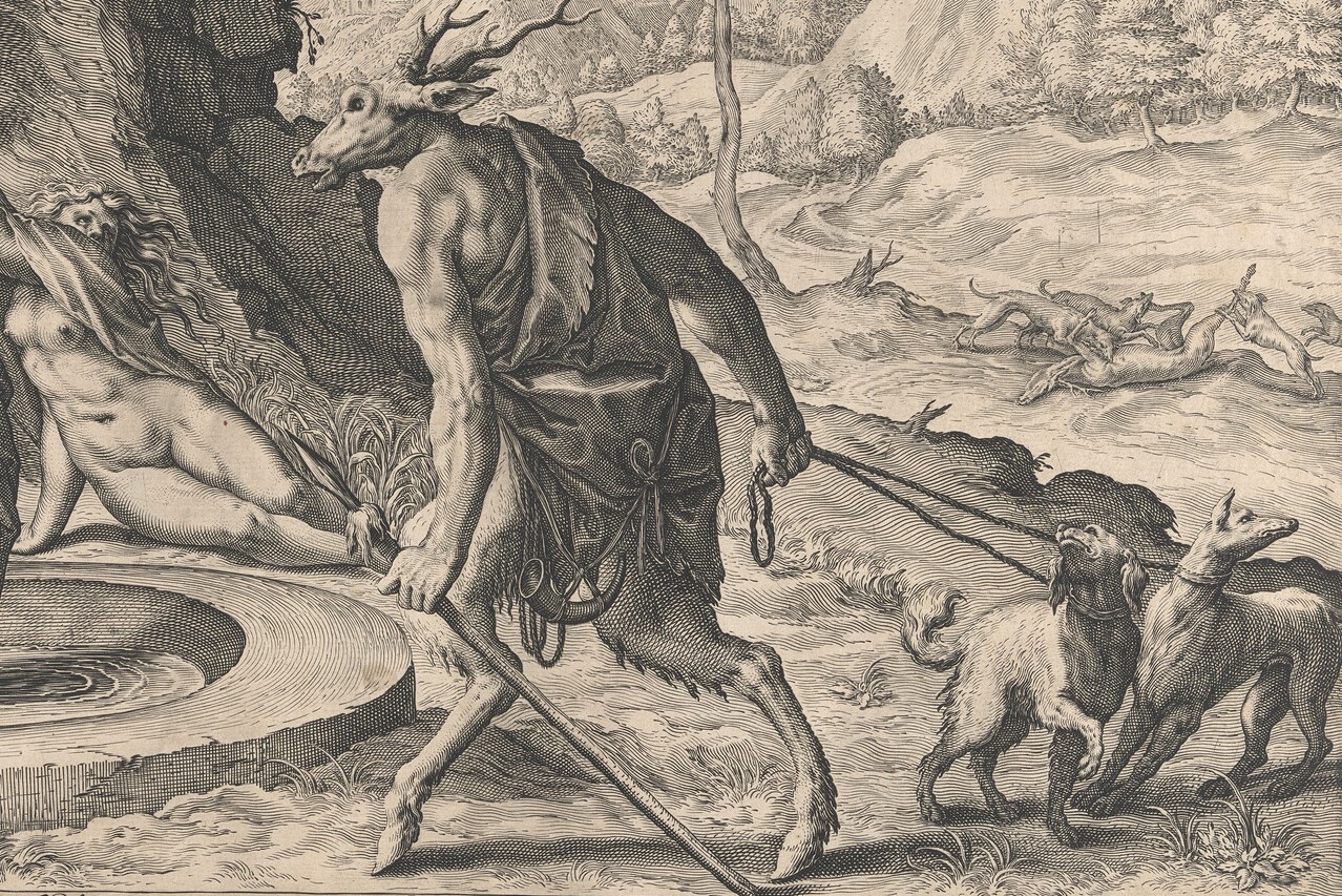 Engraving depicting a story from Metamorphosis, where Actaeon surprises Diana, the goddess of the hunt, as she bathes. As punishment for his intrusion, Actaeon is turned into a stag and eaten by his dogs. The print depicts the exact moment of Actaeon’s transformation.